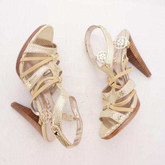Nicole Miller Metallic Gold Sandal Heels, 7 - Picture 10 of 12